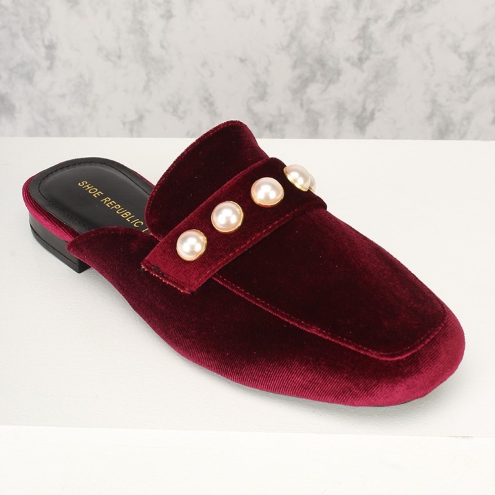 NEW Wine Velvet Pearl Slip On Loafers Sandals